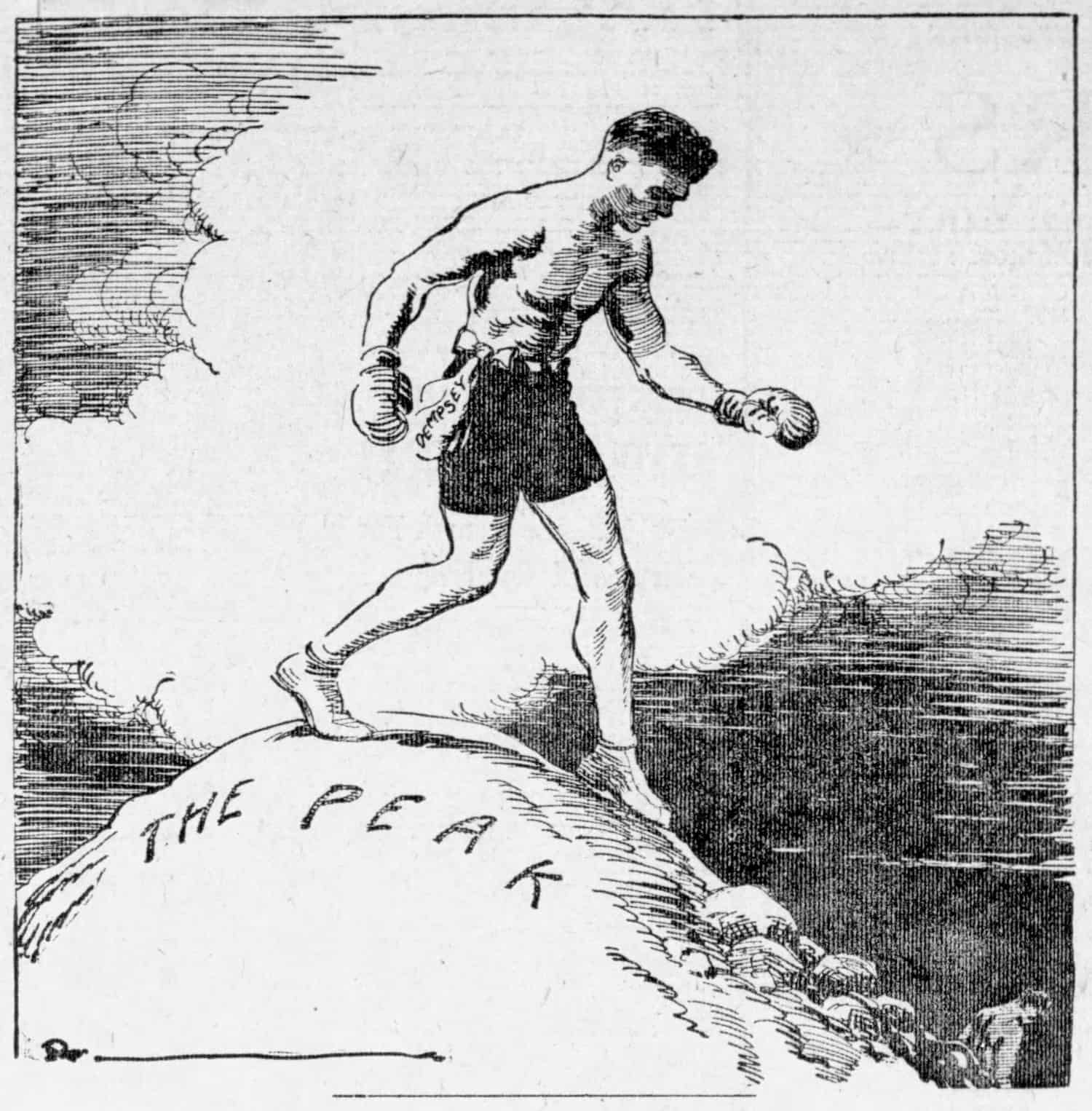 Illustration of Jack Dempsey walking over a hill