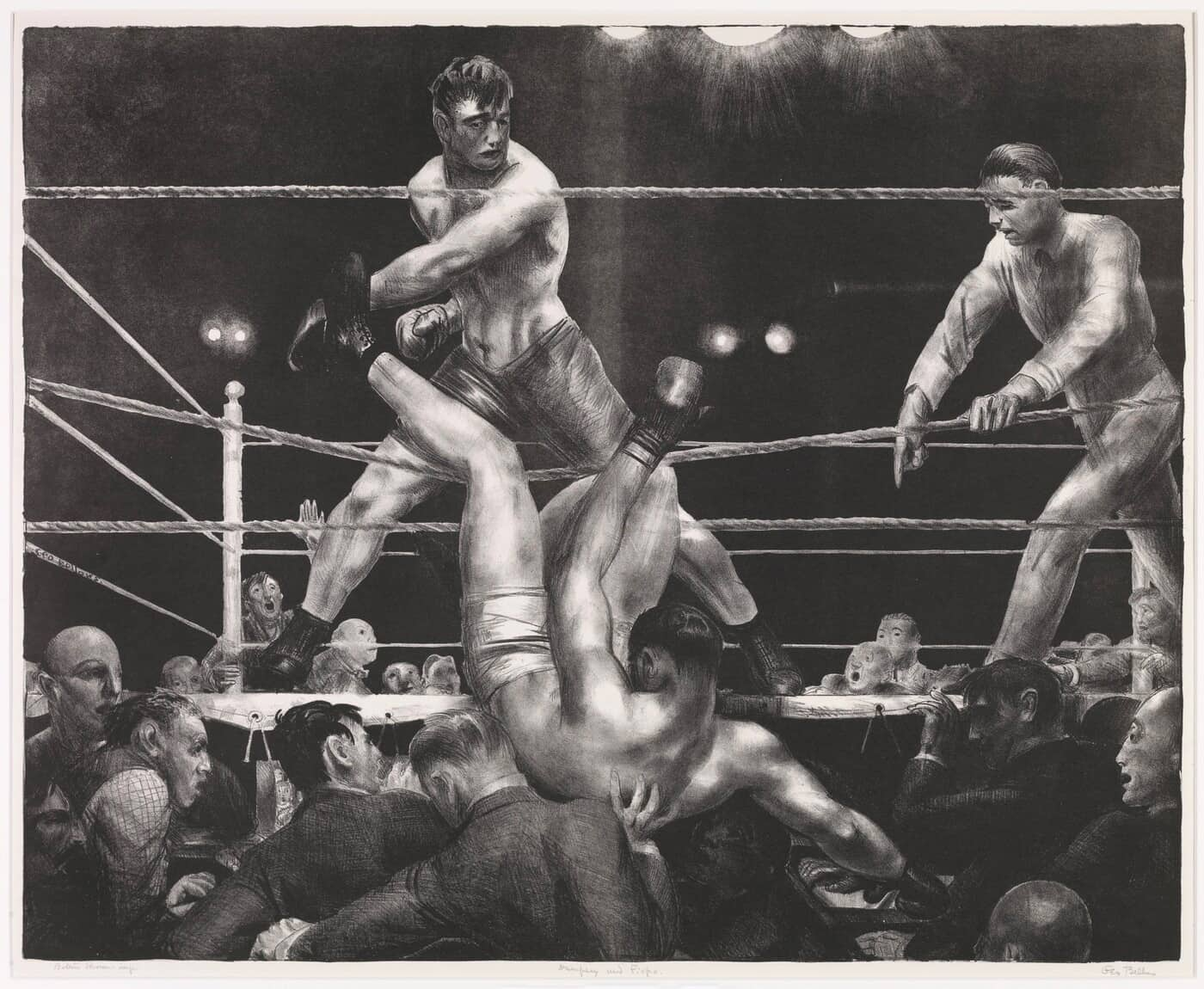 Lithograph of Luis Firpo knocking Jack Dempsey through the ropes